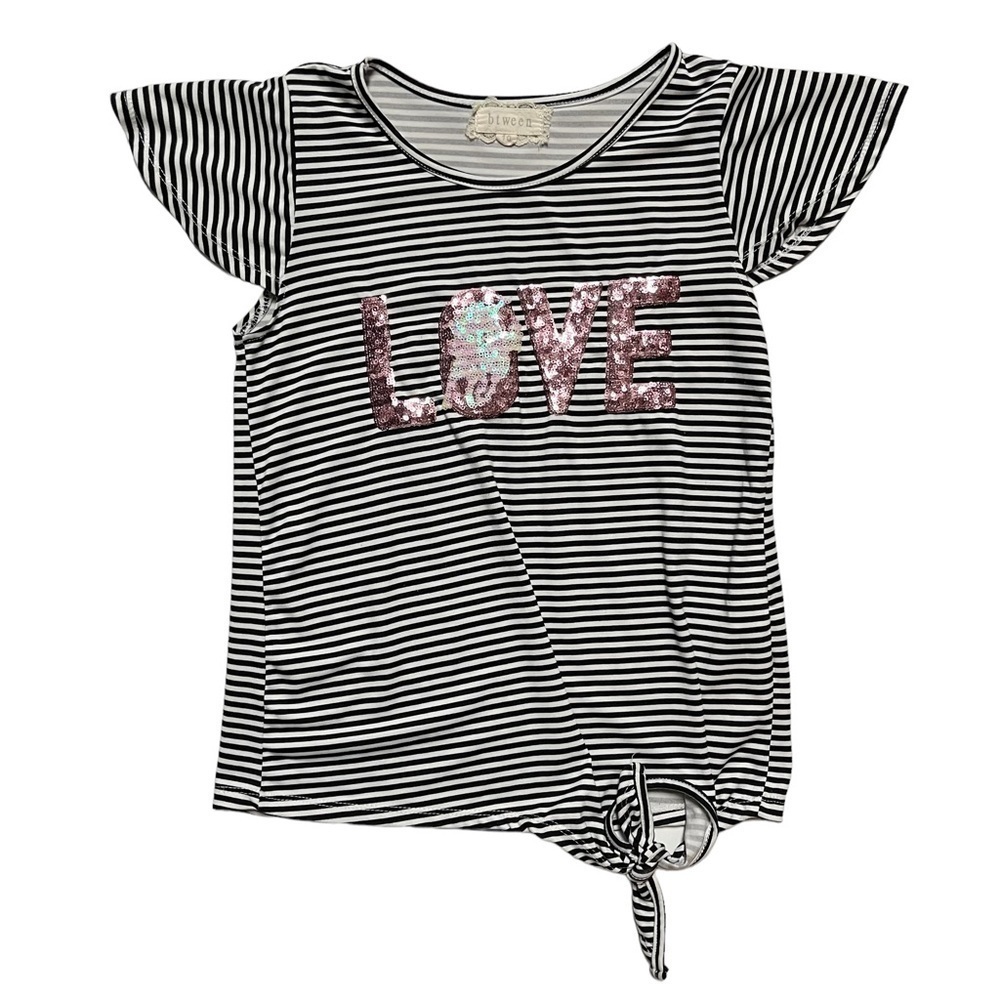 Girls LOVE striped tee with sequins and side tie